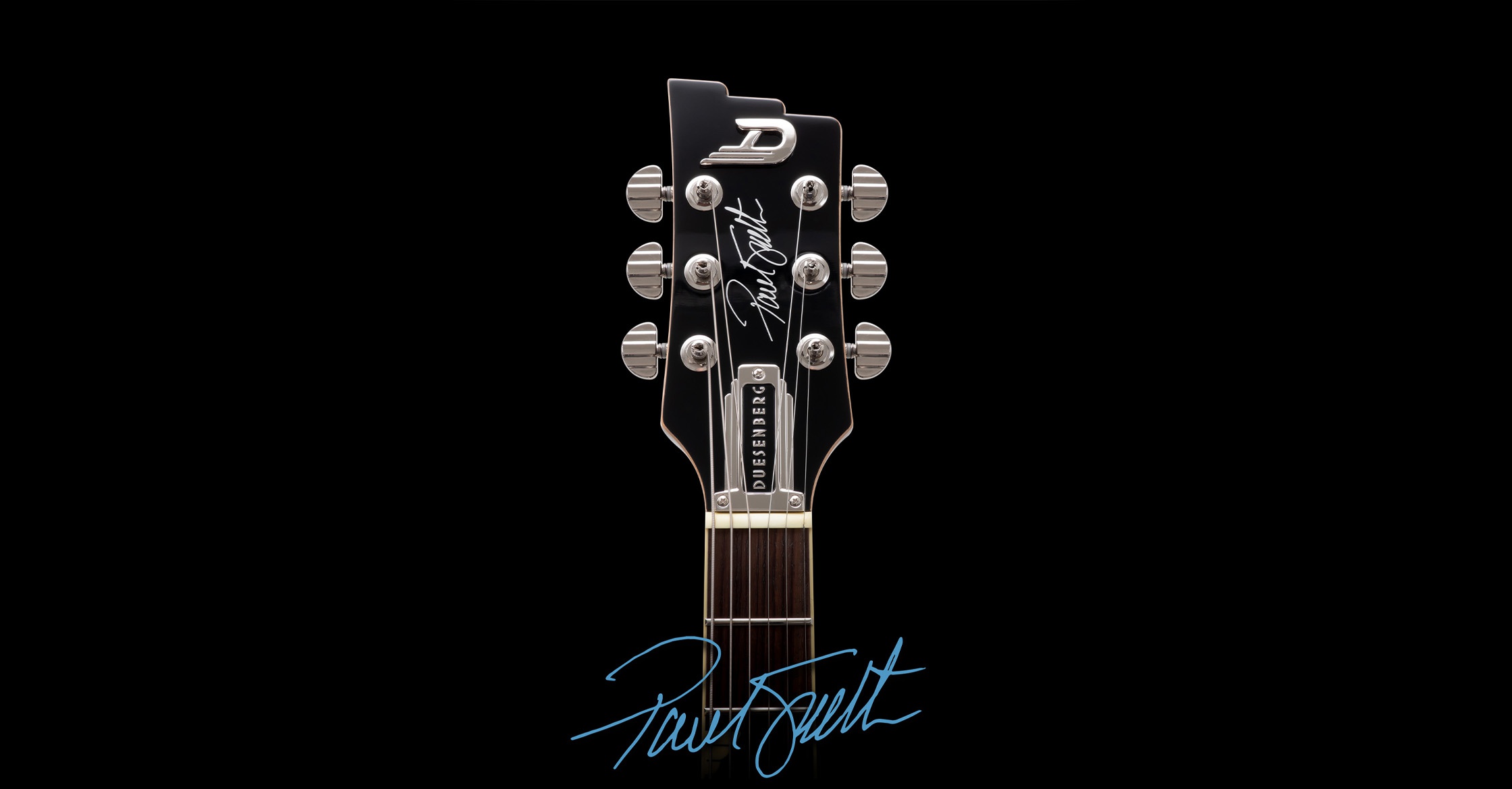 Duesenberg Alliance Series Paul Sidoti Intro Image of the Headstock with blue Signature