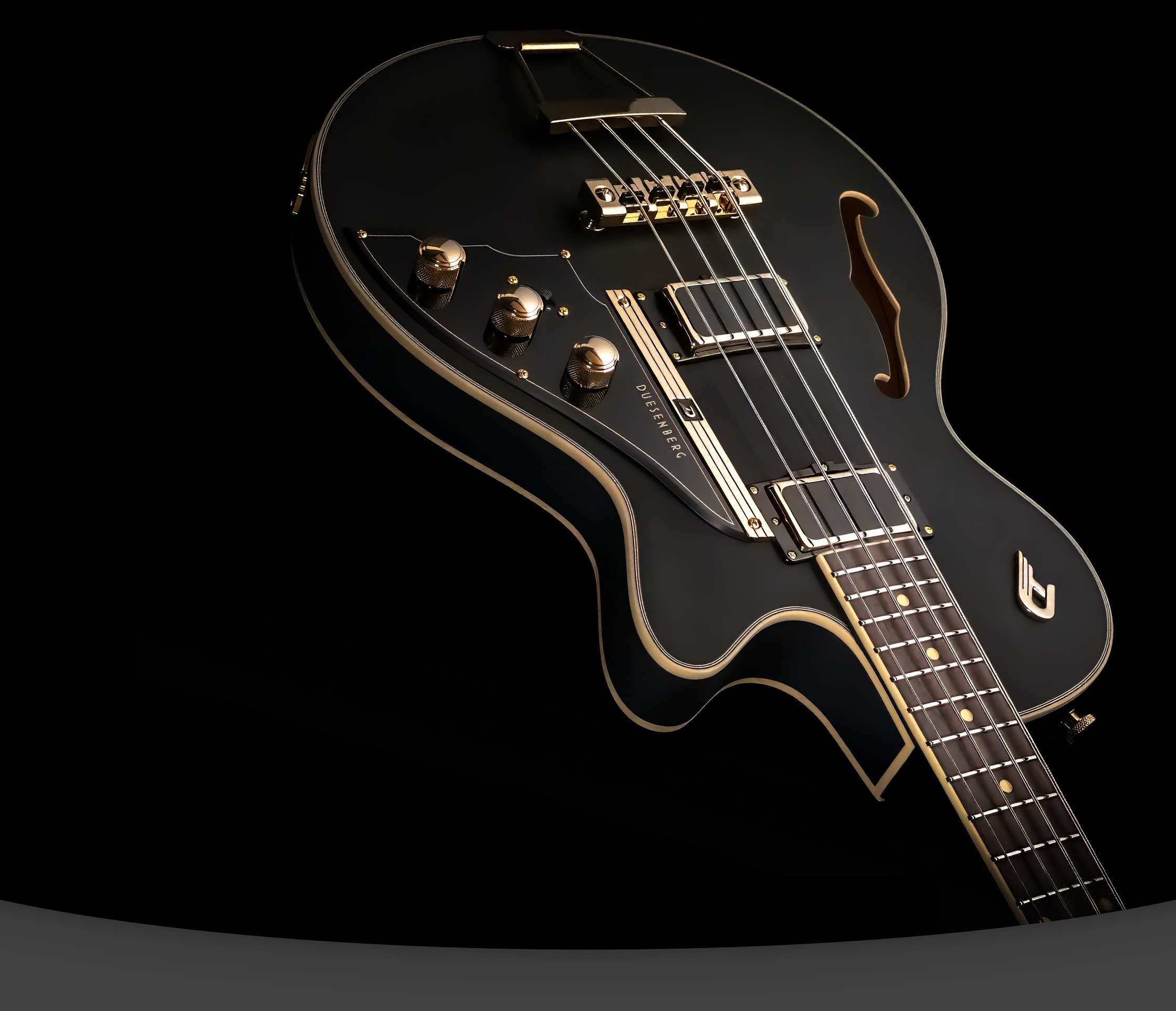 Duesenberg Starplayer Bass Black Velvet Intro Image on dark background