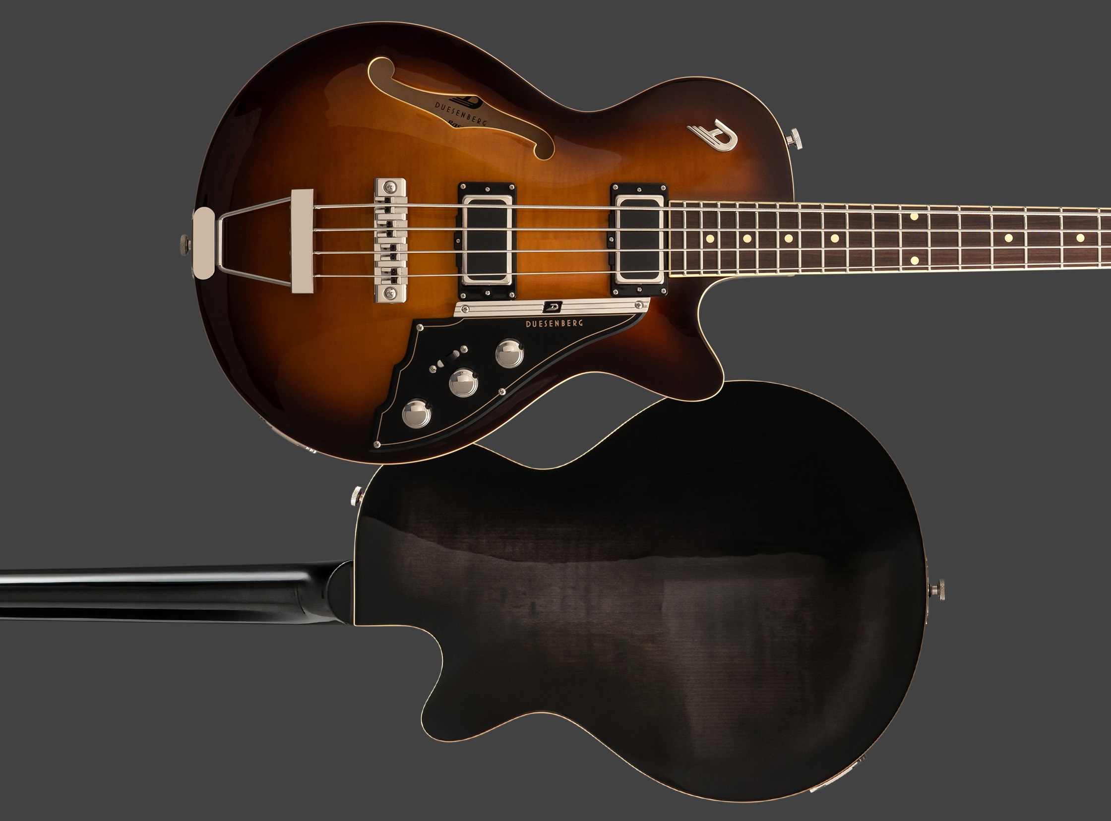 Duesenberg Starplayer Bass Tobacco Burst front and back view