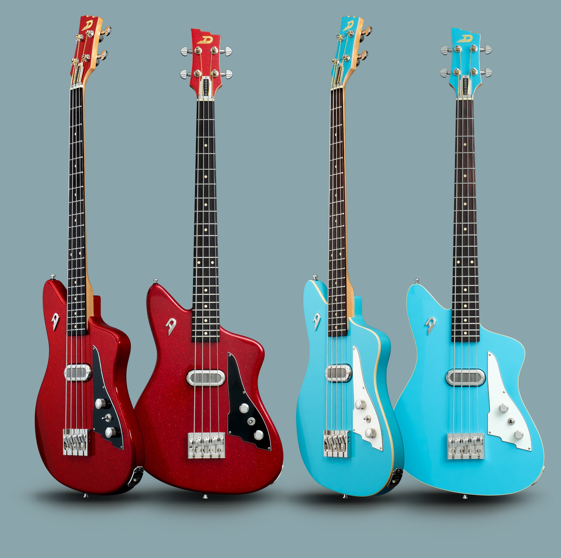 Product photo of the Duesenberg Kavalier Bass lineup Red Sparkle and Narvik Blue