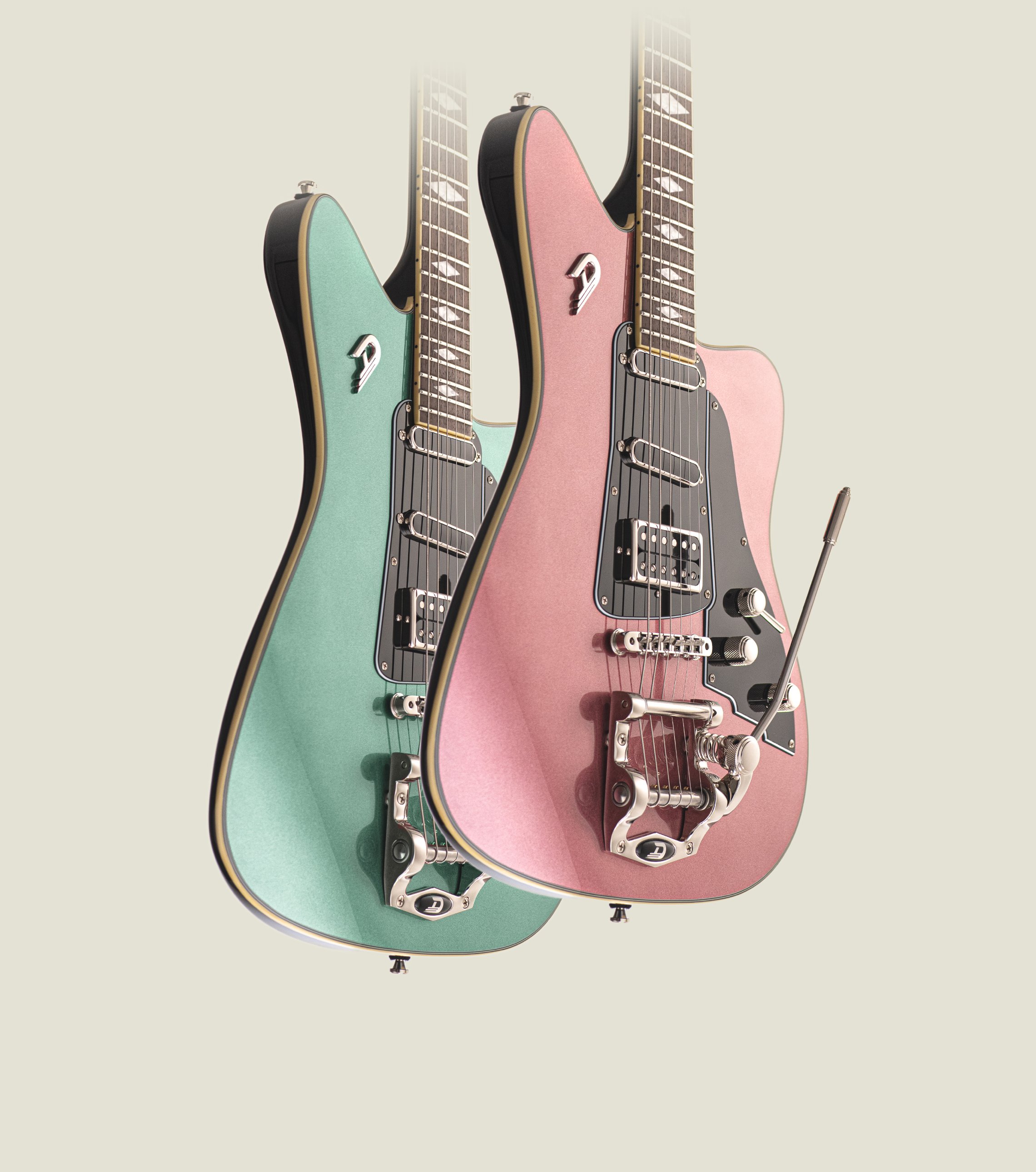 Header image of the Duesenberg Paloma in Catalina Sunset Rose and Catalina Harbor Green on a light Background