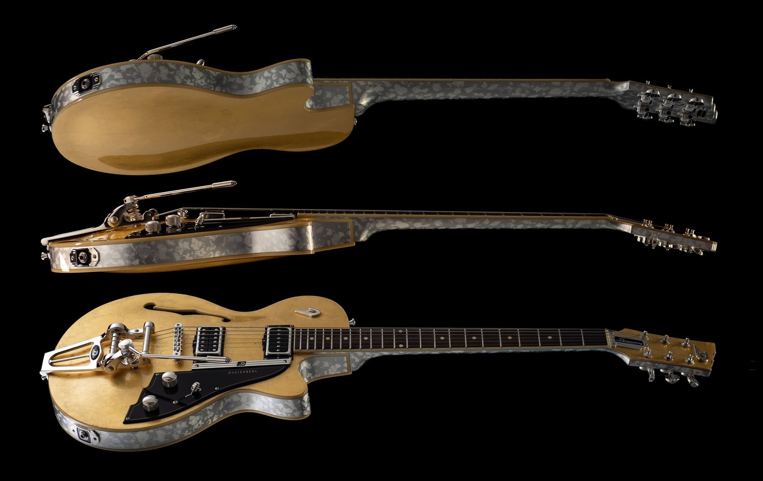 Different perspectives of the Duesenberg Starplayer TV 25th Anniversary Gold Leaf